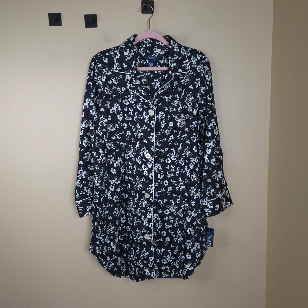 CHAPS Long Sleeve 100% Cotton Button Up Sleep Shirt Dress in Floral Size L